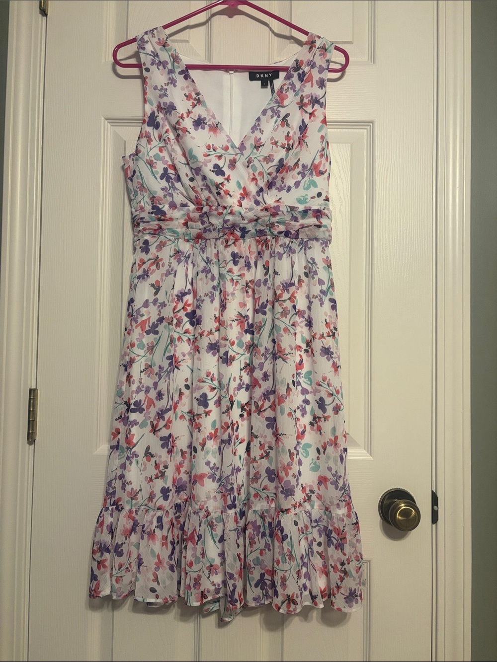 DKNY White Sleeveless V-Neck Floral Midi Dress